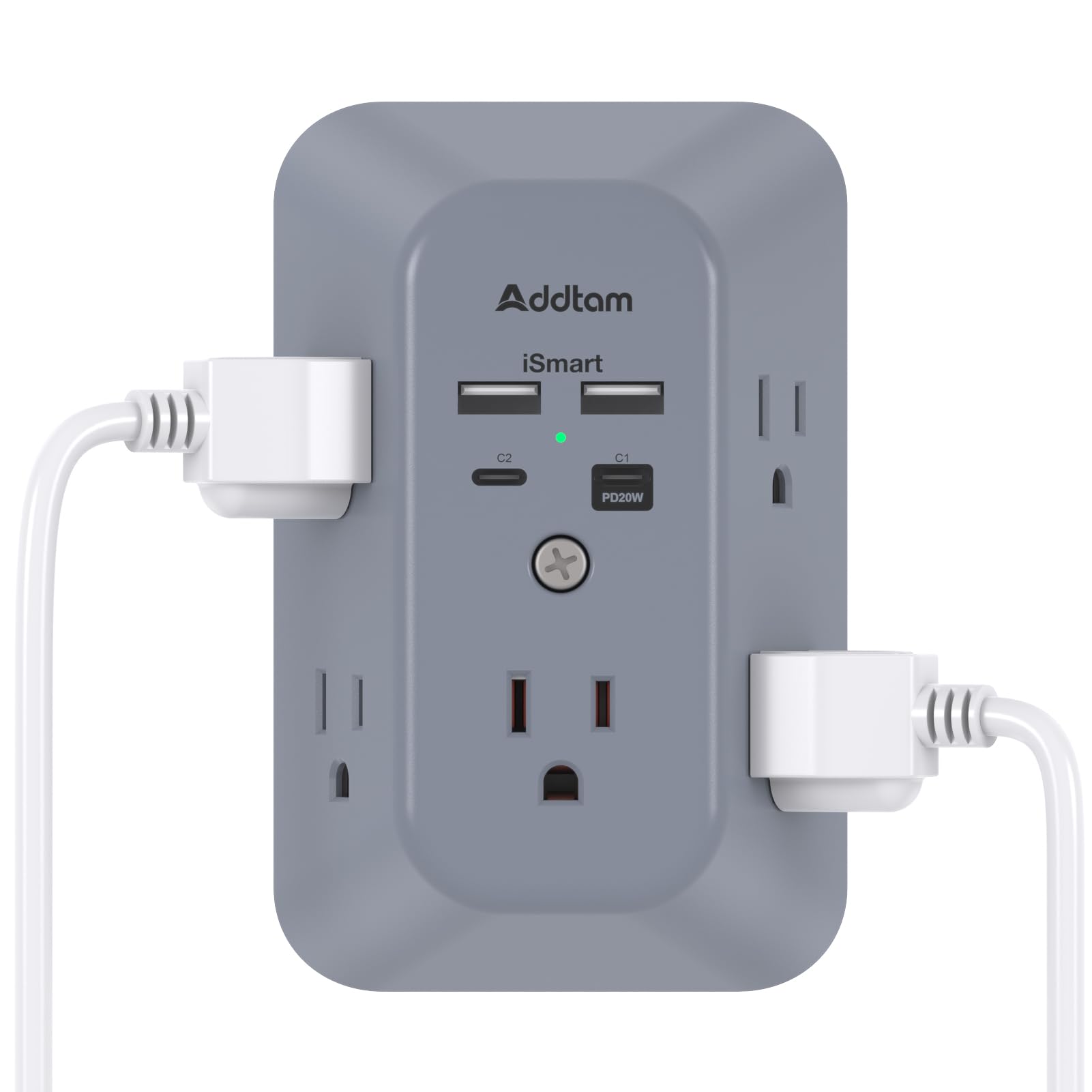Addtam USB Wall Charger Surge Protector 5 Outlet Extender with 4 USB Charging Ports (1 USB C Outlet) 3 Sided 1800J Power Strip Multi Plug Outlets Wall Adapter Spaced for Home Travel Office ETL Listed